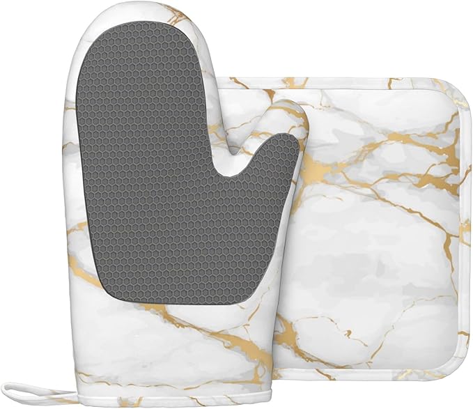 Oven Mitts and Pot Holders White Gold Marble Abstract Silicone Kitchen Accessories Set of 2 Heat Resistant Long Gloves Potholder Non-Slip Grip for Chef Cooking,Baking,Grilling,BBQ