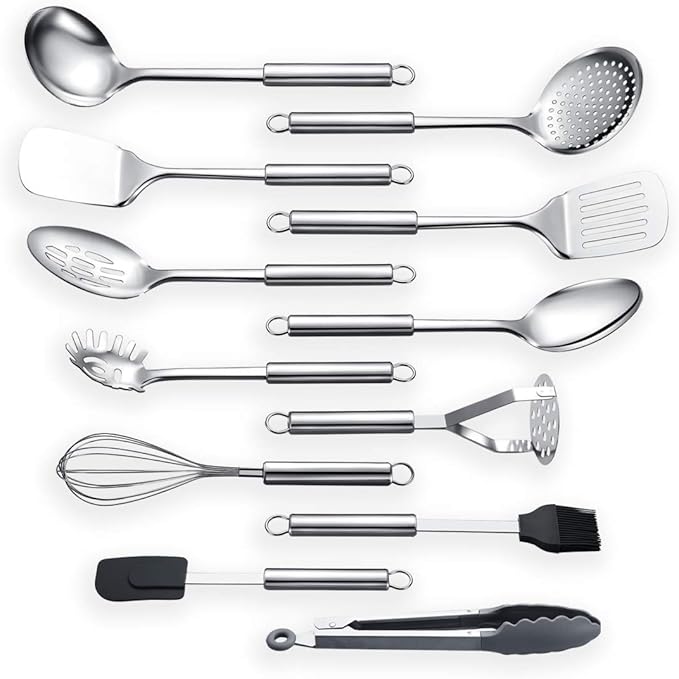 Berglander Cooking Utensil Set 12 Piece Stainless Steel Kitchen Tool Set, Include Cooking Spoon, Spatula, Whisk, Cooking Tong and etc (12 Pieces)