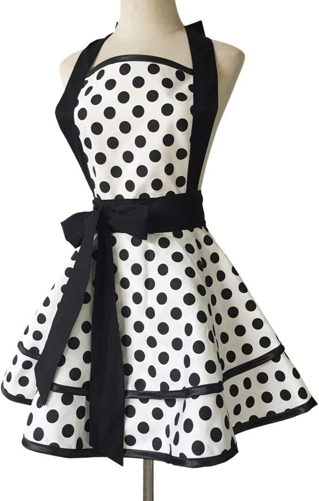 Hyzrz Lovely Handmade Cotton Retro Aprons for Women Girls Cake Kitchen Cook Apron for Mother's Gift (Black Dot)