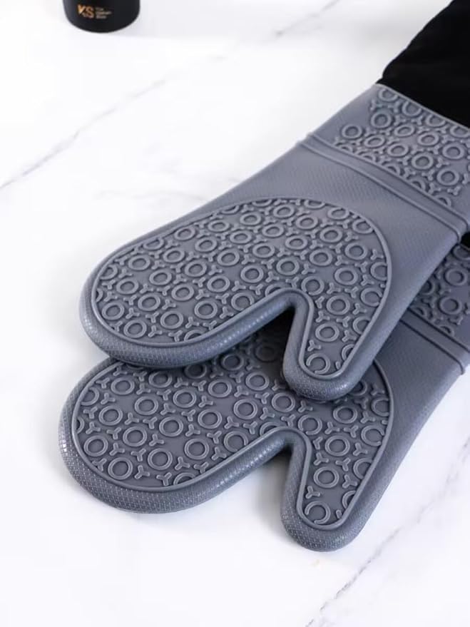 Extra Long Professional Silicone Oven Mitts with Quilted Liner, Durable Heat Resistant Oven Gloves, Heat Resistant Oven Gloves,2pcs (Gray, 19.7inch)