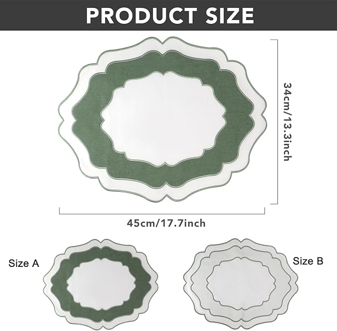 Embroidery Cotton Linen Placemats Set of 4, HADEEONG Table Mats Cloth Placemats, Washable Wrinkle Resistance, Double Layer Scalloped Fabric Placemats, 17.7 x 13.4inch (White with Green, 4)