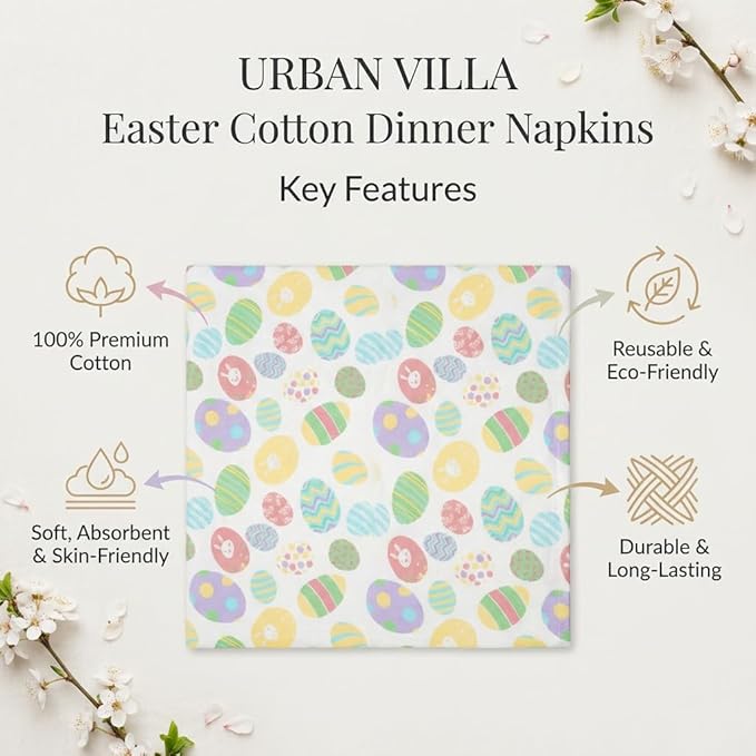 Urban Villa Easter Cloth Napkins 100% Cotton Dinner Napkins Set of 12(20x20)Highly Absorbent Soft Durable Washable Reusable Ideal for Easter Decorations Restaurant Wedding Farmhouse Parties- Egg Print