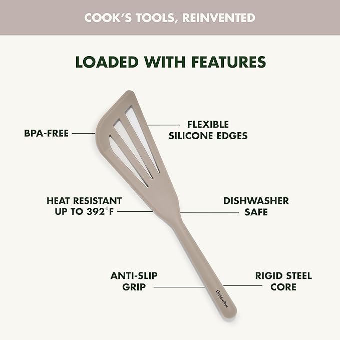 GreenPan Silicone Fish Turner Spatula, Slotted Cooking Kitchen Utensil, Flexible Rubber Nonstick Cookware, Rigid Steel Core, Heat-Resistant, Anti-Slip Handle, BPA-Free, Dishwasher Safe, Taupe