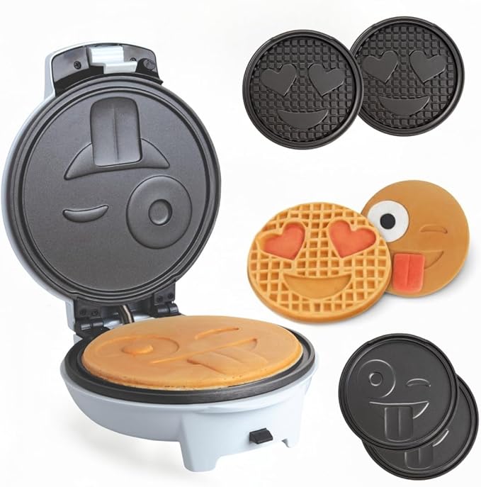 Emoji Smiley Face Waffle & Pancake Maker w 2 Removable Plate Sets- Fun Breakfast Maker for Kids & Families, Cute Nonstick Novelty Waffler for Easy Homemade Waffles- Gift for Birthday, Brunch, Everyday