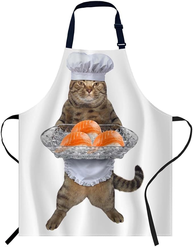 oFloral The Chef Cat Holds a Sushi Tray Apron Adjustable Apron Cooking Kitchen Chef Women Men Aprons for Home Kitchen, Restaurant, Coffee House, Baking Gardening BBQ