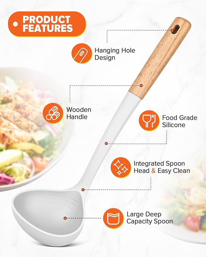 Pasta Fork and Ladle Set, Perfect for Serving Hot Soup, Stirring, and Sauce Pasta, BPA-Free Matte Silicone, Wood Handle Spaghetti Spoon for Nonstick Cooking Surfaces (White)