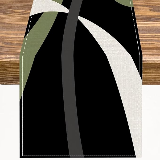 Abstract Geometric Table Runner Sage Green Grey and White Striped Black Background Modern Kitchen Dinner Runner for Indoor Home Living Room Party Dining Table Decoration 13"x108"