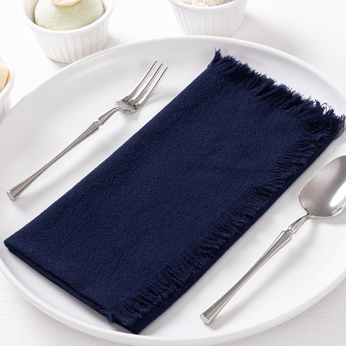 DeZerlor 12 Pack Navy Blue Cotton Linen Napkins with Fringe Spring Cloth Napkins Set of 12 Boho Handmade Dinner Napkins Bulk for Wedding Bridal Baby Shower Parties, 17 x 17 Inches
