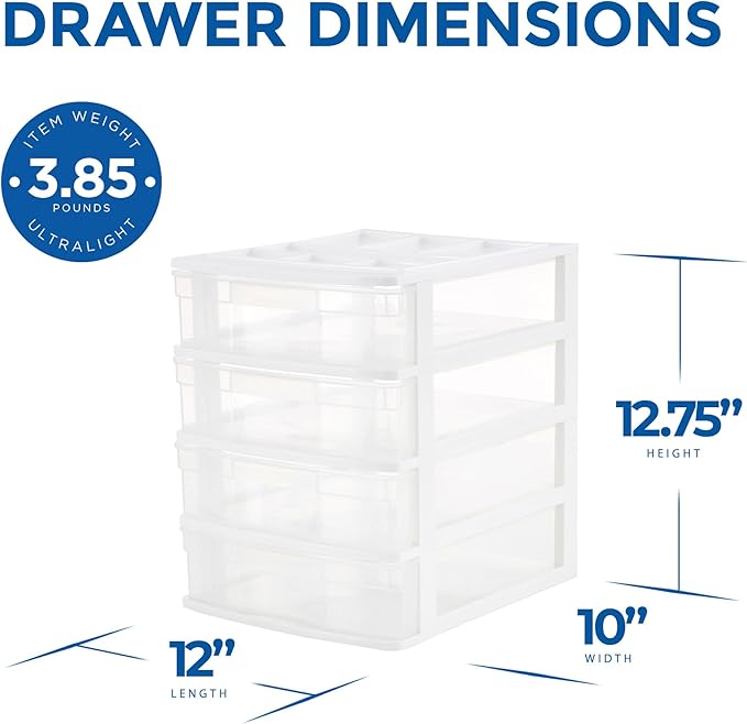 Gracious Living Drawer Organizer, 4-Tier Plastic Storage Desktop Drawers, White Frame - Desk Containers for Bathroom, Bedroom, Office, and Classroom Organization
