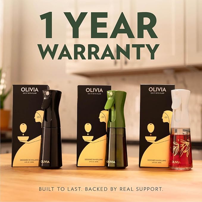 OLIVIA Signature Oil Sprayer for Cooking, 200ml Glass Olive Oil Sprayer, Continuous Cooking Spray with Portion Control, Oil Dispenser for Kitchen, Air Fryer, Salad, BBQ (Green Bottle, Gold Print)