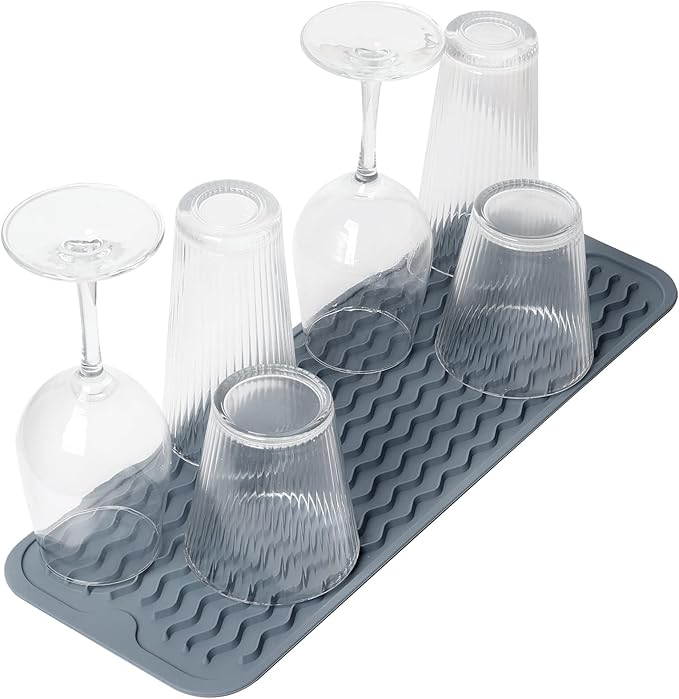 ZLR 2 Pcs Silicone Sponge Holder & Sink Caddy Tray (6" x 17") - Narrow Dish Drying Mat for Kitchen Counter - Waterproof Soap Dispenser Organizer, Non-Slip Bathroom Vanity Tray (Dark Gray)