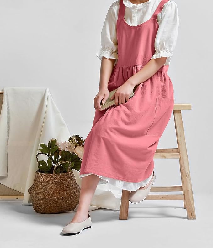 Uaussi Cotton Linen Apron Cross Back Work Apron for Women with Pockets Pinafore Dress X Cross Halter Apron for Chef Gardening