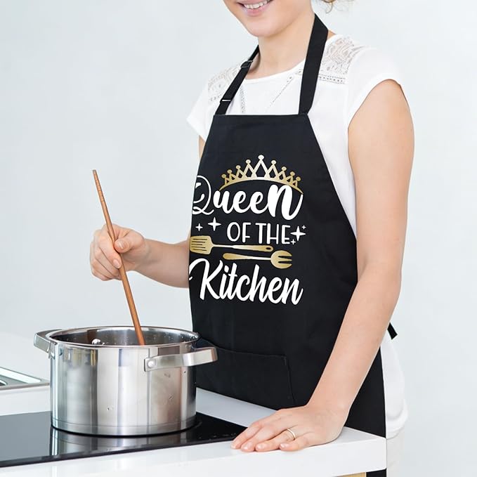 Black Baking Aprons for Women, Adjustable Cooking Baking Kitchen Aprons for Mom Chef with Pockets