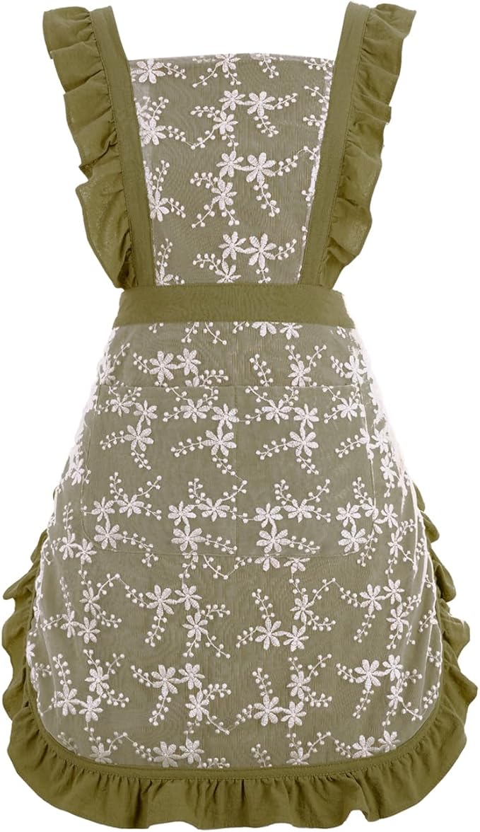 Pinknoke Vintage Pinafore Apron Dress for Women with Pockets Cute Floral Chef Aprons for Kitchen Cooking Baking Gardening
