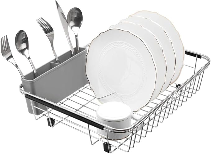 SANNO Plastic Utensil Silverware Storage Holder Caddy,Fit Kitchen Sink Drying Rack, Microfiber Dish Mat, Dish Drying Mat (Gray)