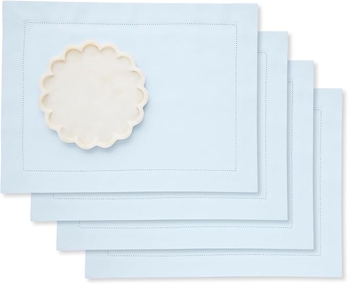 Solino Home Light Blue Placemats Set of 4 - Cotton Linen Hemstitch Placemats 14 x 19 Inch for Spring, Summer
