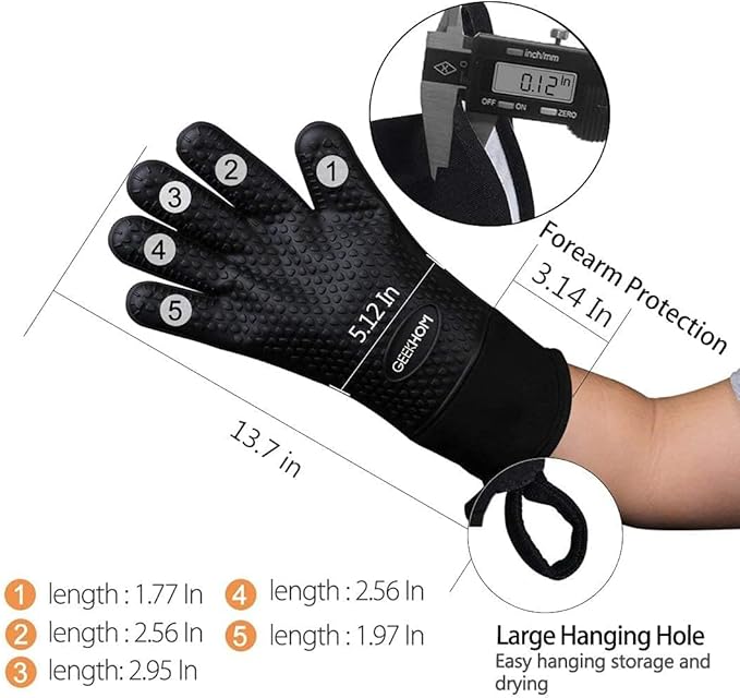 GEEKHOM BBQ Gloves Heat Resistant, 13.7 Inch Long Waterproof Silicone Oven Mitts for Grilling and Smoker, Non-Slip 5 Finger Kitchen Hot Mitts for Baking, Cooking & Cast Iron, Black