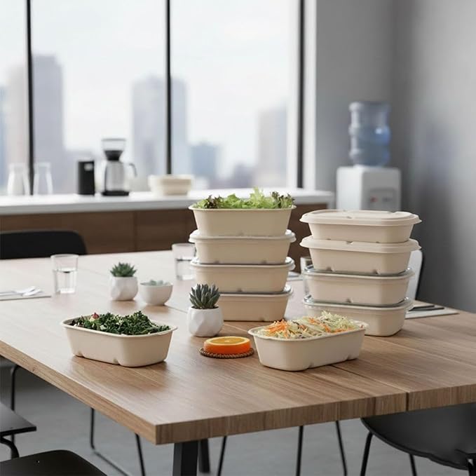 24oz Disposable Meal Prep Food Containers with Lids, 50 Pack Sugarcane Fiber Pulp Take-Out Boxes, Compostable Biodegradable Lunch Containers, Microwave & Freezer Safe, Includes Forks