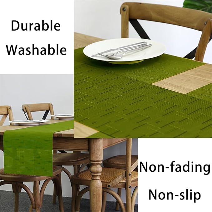 PIGCHCY Elegant Placemats and Table Runner, Washable Durable Plastic, 6pcs Placemats + 1pcs Runner, Sage Green