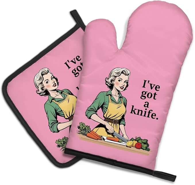 DYJYBMY I've Got A Knife Funny Oven Mitts and Pot Holder Set for Baking Cooking, Vintage Lady Kitchen Gadgets for Women, Fun Housewarming Cooking Gifts for Women Bakers Mom Wife Grilfriend Sister BFF
