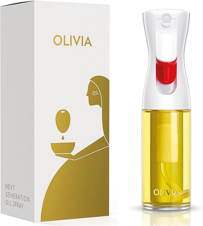 OLIVIA Signature The Original Advanced Oil Sprayer for Cooking, Salads, BBQs and More, Continuous Spray with Portion Control, Trusted by Chefs. Patented Technology. (Glass Bottle) (Gold Print)