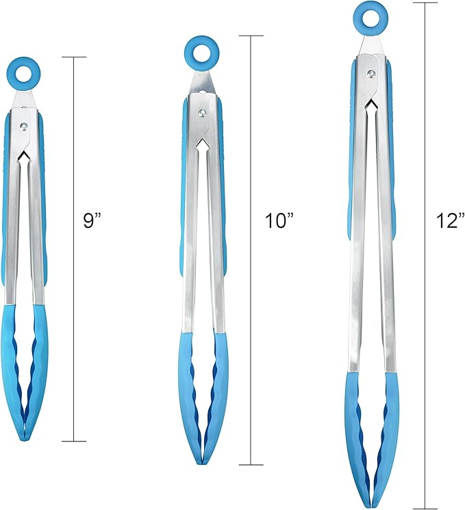 3 Pack Blue Kitchen Tongs, Premium Silicone BPA Free Non-Stick Stainless Steel BBQ Cooking Grilling Locking Food Tongs, 9-Inch 10-Inch & 12-Inch