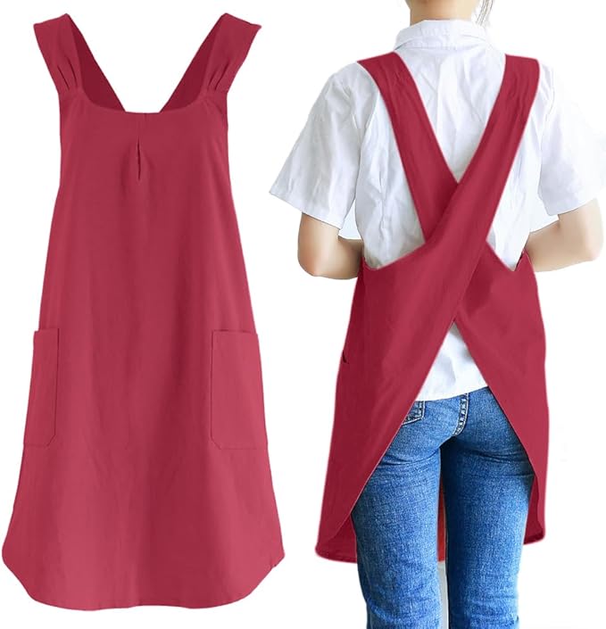 NEWGEM Japanese Cotton Linen Cross Back Cooking Apron for Women Men with Pockets Cute for Baking Kitchen