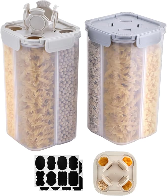 2 Packs Pasta Cereal Storage Containers, 2.5L Airtight Grain Dispenser with Lids, Spaghetti Container Storage with 4 Compartments for Noodle, Rice, Nuts, Flour, Beans