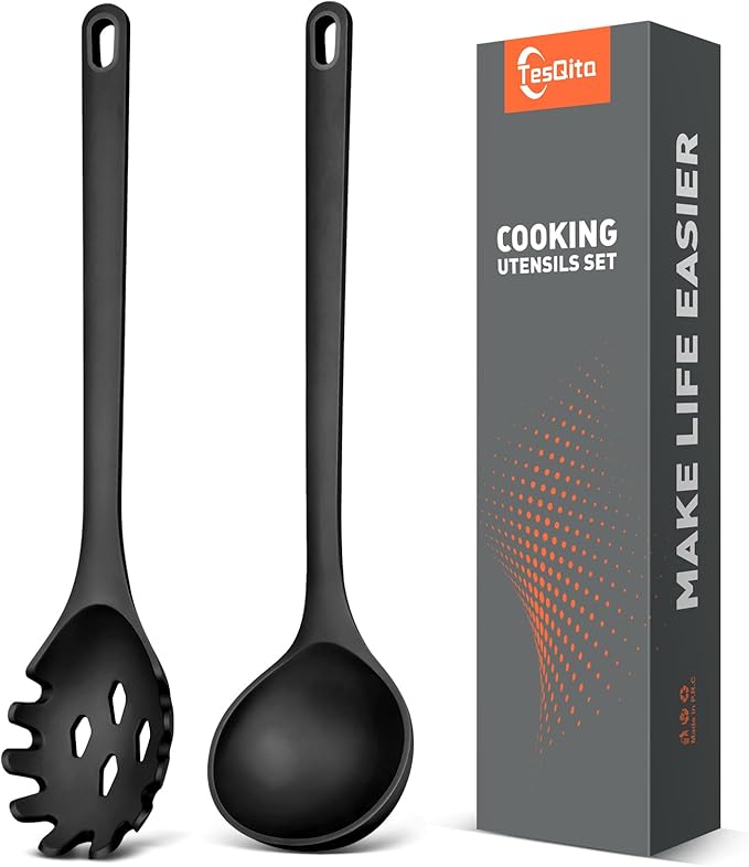 Silicone Spaghetti Spoon&Soup Ladle Cooking Utensils Set of 2,No Scratch for Nonstick Cookware,BPA Free, 450℉ Heat Resistant (BLACK)