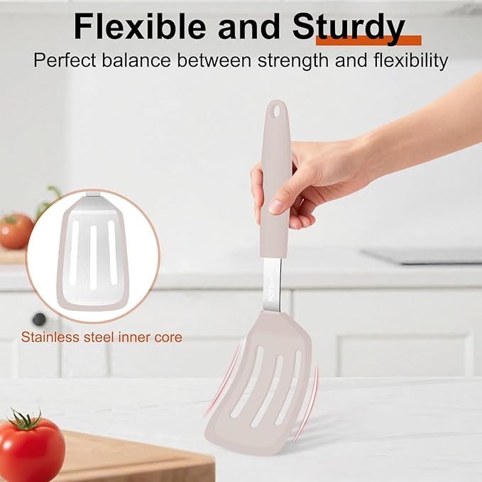 2 Pack Silicone Spatula Set, 600°F Heat Resistant Kitchen Spatula, BPA Free Solid & Slotted Turner, Flexible Cooking Utensils for Non Stick Frying Pan, Flipper for Eggs and Pancakes (Khaki)