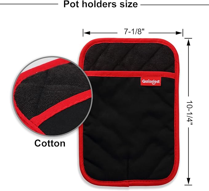Hot Pads for Kitchen, Potholders for Kitchen Heat Resistant, Heavy Duty Pot Holders with Pockets Non Slip, Pure Cotton and Terrycloth Lining Pot Holders Set of 2, Black