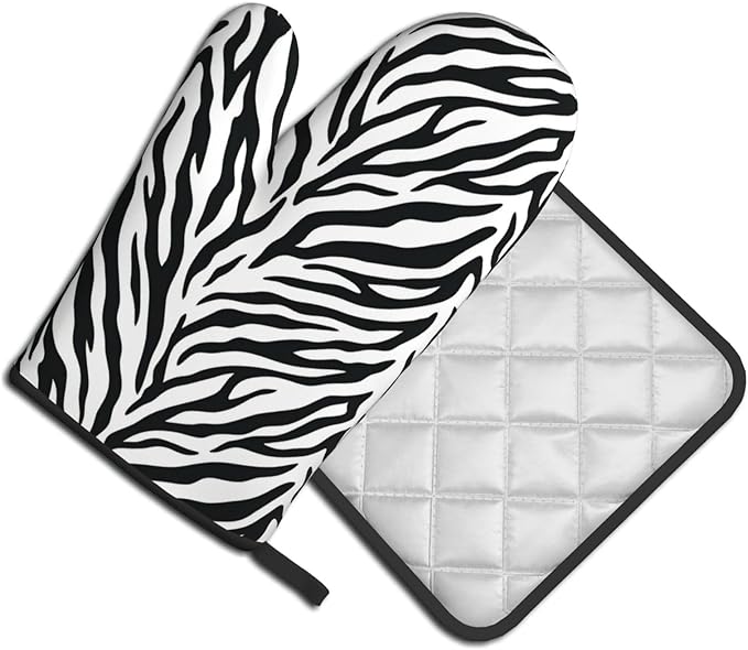 Zebra Stripe Oven Mitts and Pot Holders White Background Heat Resistant Oven Mitts Safe for Baking Cooking BBQ