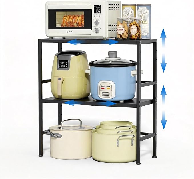 Expandable Metal Storage Shelves, 300 LBS Heavy Duty Metal Shelving Unit Rack For Pots And Pans Appliances Heavy Items, Adjustable 2 Tier Storage Shelf Rack Organizer For Kitchen Pantry Garage Laundry
