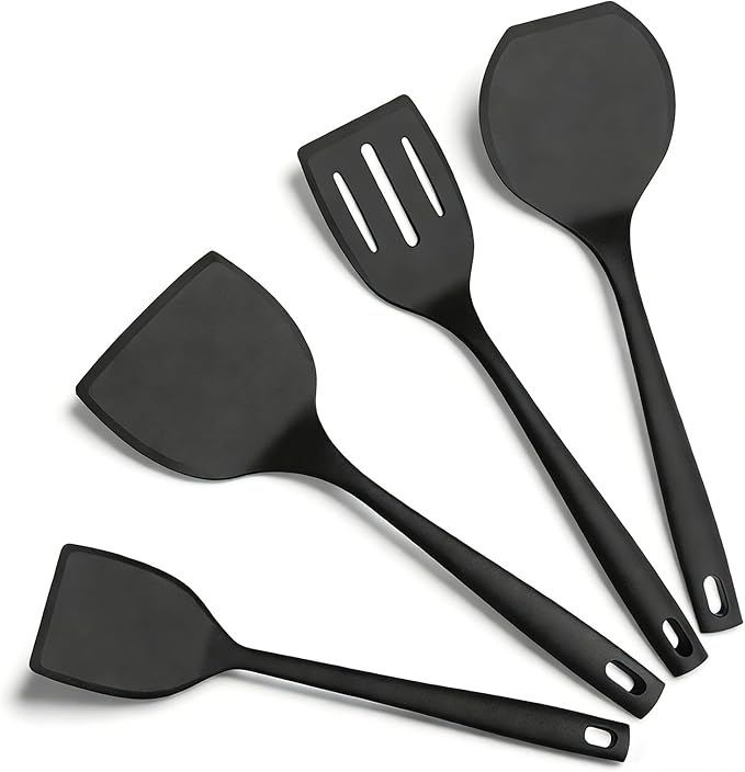 Silicone Spatula Turner Set, 600°F High Heat Resistant Spatulas for Cooking, BPA Free, Large Flexible Kitchen Utensils Flipping Eggs, Pancakes, Fish, Burgers, Dishwasher Safe (4 Pack, Black)