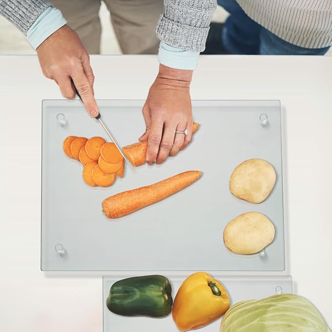 Mymonfif Tempered Glass Cutting Board for Kitchen, Clear Glass Board for Countertop, with Non-Slip Feet, Heat Resistant, Large Size 12x16" 2Pcs, Small Size 12x8" 2Pcs