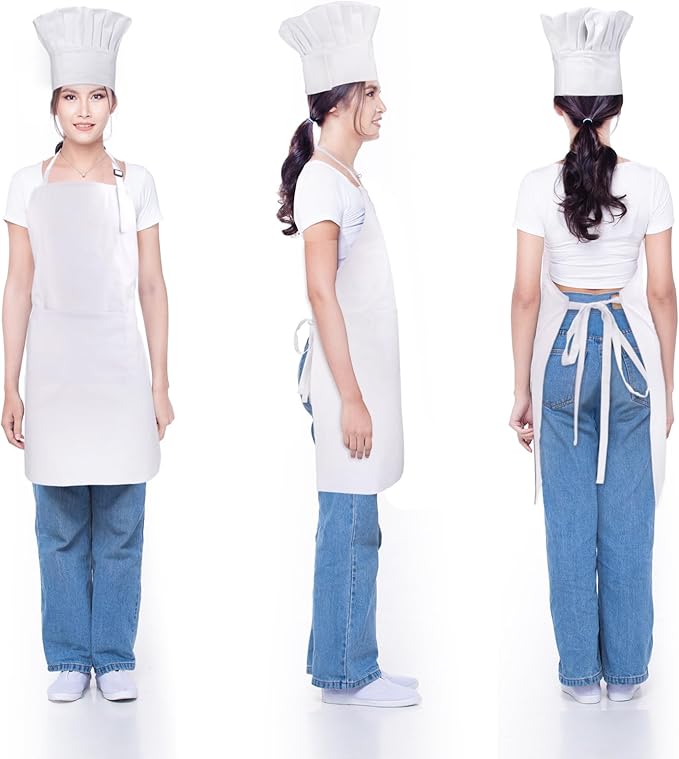 Chef Apron and Hat set, 2 Pockets Adjustable Cotton Kitchen Cooking Bib Apron, Baker Costume for Men Women