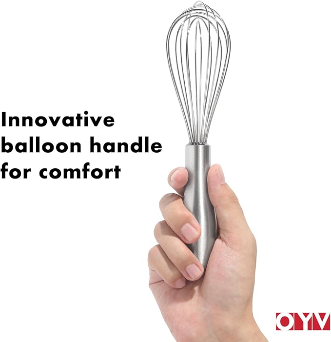 OYV 8" Whisk, Ergonomic Handle, Dishwasher Safe 18/10 Stainless Steel Whisk, Professional Kitchen Metal Wisk, Perfect for Whisking, Blending, Beating, and Baking