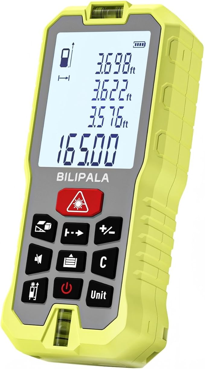 Laser Measure, 165ft Digital Laser Distance Meter with 2 Bubble Levels, 2" Backlit LCD, High Precision Laser Measuring Tool,Area Measurement,Volume and Pythagoras, Mute, Battery Included