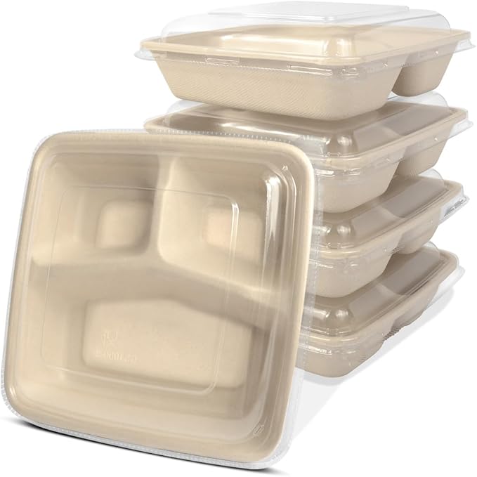 bloomoon 3 Compartment 8x8 inch Take Out Lunch Box Containers with Lids, Disposable 3 Compartment Meal Prep Bento Box Containers, 50 Bowls 50 Lids