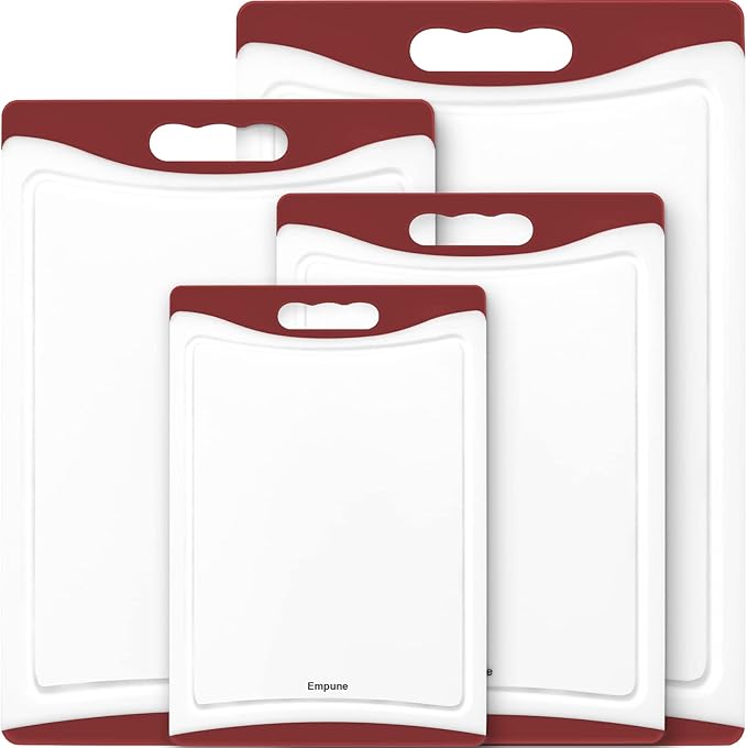 Empune Extra Large Cutting Boards, Plastic Cutting Boards for Kitchen (Set of 4) Cutting Board Set Dishwasher Safe Chopping Board with Juice Grooves Easy-Grip Handles, Red