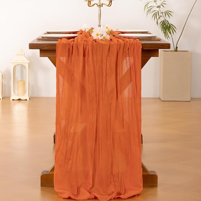 Socomi Orange Easter Spring Cheesecloth Table Runner Boho Rustic Gauze 120 inch 10FT Cheese Cloth Runner for Wedding Party Baby Shower Birthday Home Decor Holiday Decorations