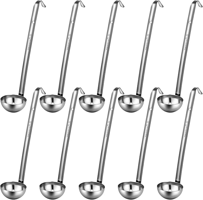 Potchen 10 Pcs Stainless Steel Soup Ladle Set Small Ladle Sturdy Long Handle Portion Control Serving Spoons for Cooking Sauce Gravy Stirring & Kitchen Home Use(1 oz)