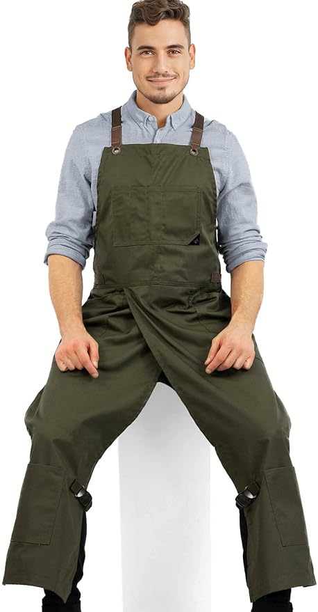 Under NY Sky Pottery Moss Green Apron – Full Coverage Cross-Back, Durable Twill, Leather Reinforcement and Overlapping Split-Leg, Adjustable for Men and Women – Pottery Artist, Mechanic, Tattoo Apron