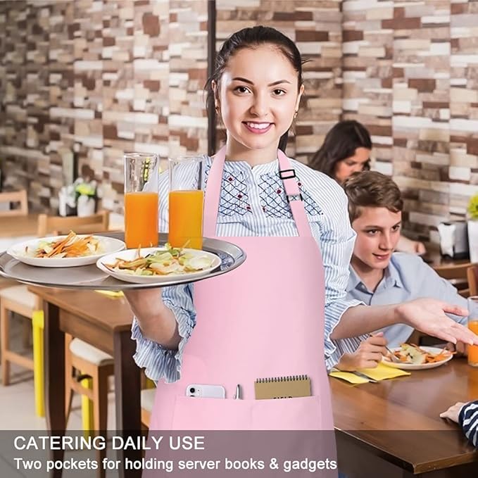 Jubatus 2 Pack 100% Cotton Aprons with 2 Pockets Cooking Chef Kitchen Adjustable Bib Apron for Women Men, Pink