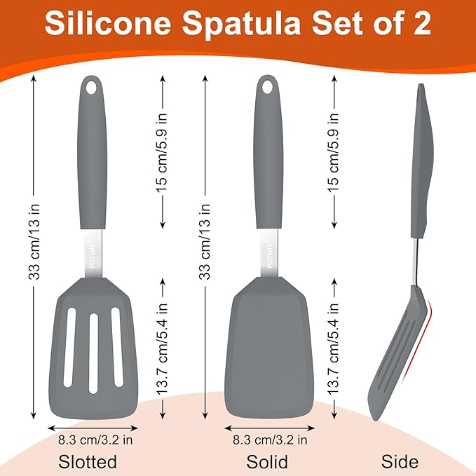 2 Pack Silicone Spatula Set, 600°F Heat Resistant Kitchen Spatula, BPA Free Solid & Slotted Turner, Flexible Cooking Utensils for Non Stick Frying Pan, Flipper for Eggs and Pancakes (Gray)