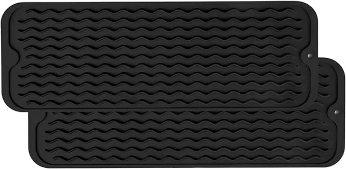 ZLR 2 Pcs Silicone Sponge Holder & Sink Caddy Tray (6" x 17") - Narrow Dish Drying Mat for Kitchen Counter - Waterproof Soap Dispenser Organizer, Non-Slip Bathroom Vanity Tray (Black)