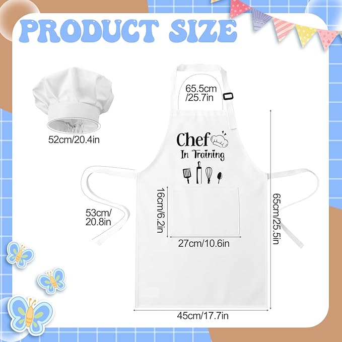 2 Pack Kids Apron and Chef Hat Adjustable Kitchen Cooking Apron with Pockets Kids Funny Apron for Girls Boys