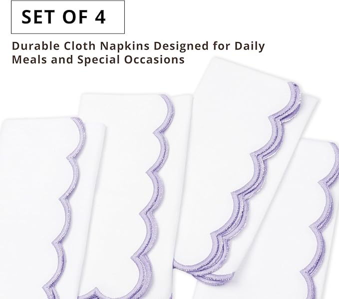 PurpleEssences Scalloped Embroidery Cloth Napkins - Spring Easter Summer - Table Decor - 100% Cotton - Set of 4-18x18 inch - White - Edges - Lavender
