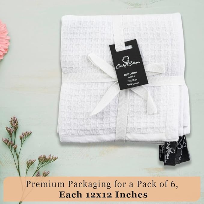 DishCloths Kitchen|Waffle Terry Weave Hand Towels|Cotton 12"x12" Reusable Dish Rags Washing Scrub Cleaning Dishes|Dish Bar Mop Towels Hand Wipes| washcloth |6 Pc Set-White