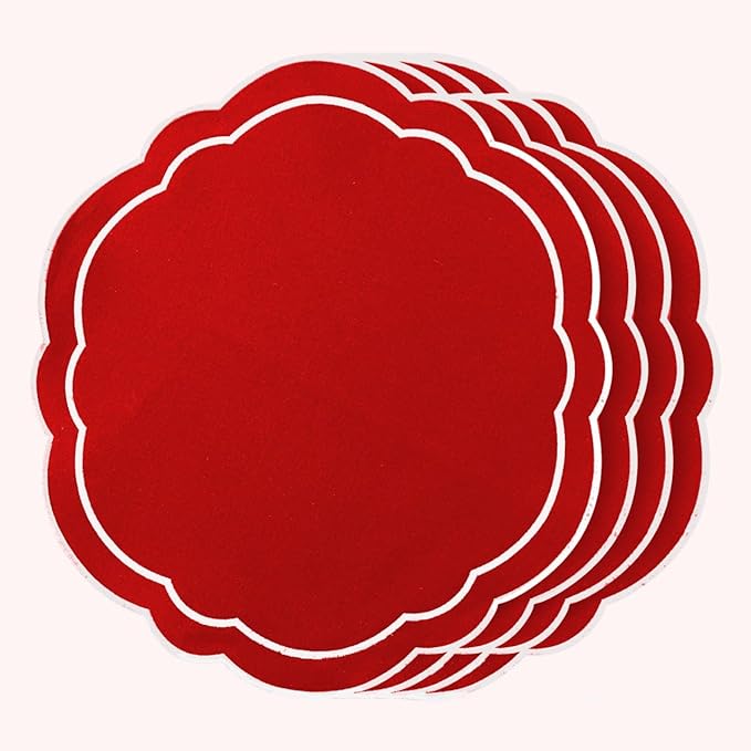 Round Placemats Set of 4, Cotton Linen- Double Layered, Luxury Scalloped Embroidered Cloth Table mats, 16 inch, Washable Fabric Dining Placemat (Red) Celebration